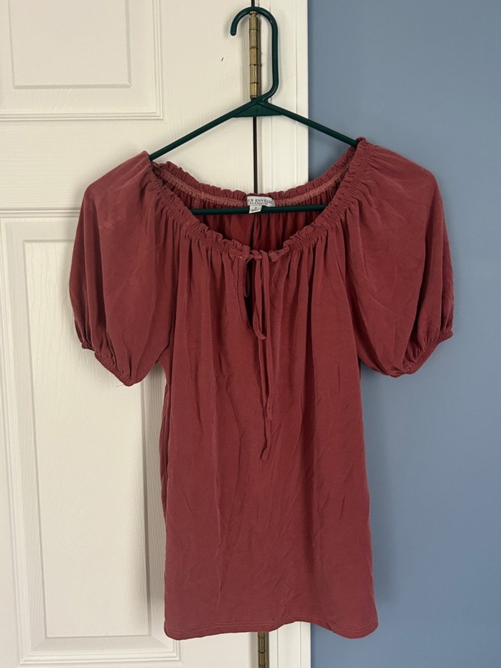 Green Envelope Rosewood Puff Sleeve Peasant Blouse